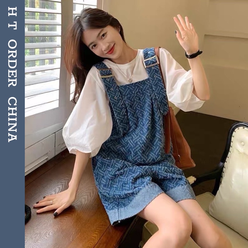 ORDER_ Quần Yếm Jeans Ngố Xước 2 Màu Cá Tính