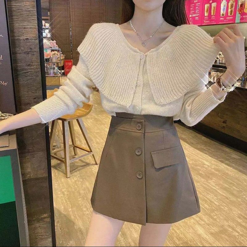 Áo Khoác Dệt Kim Đính Ngọc Trai Nhân Tạo Phong Cách Hàn Quốc Thời Trang Thu Đông Hàng Mới