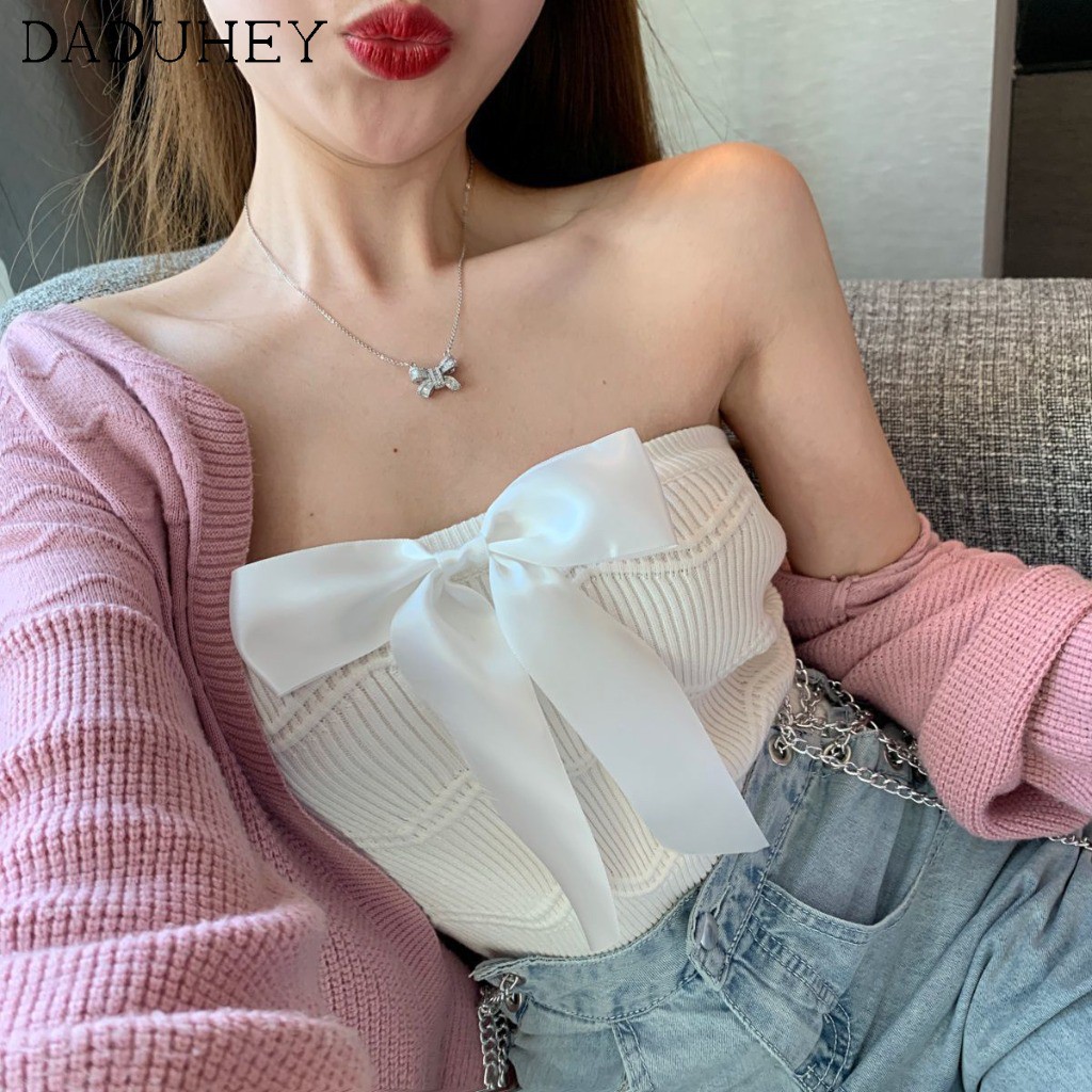 DaDuHey💕 Women's Bow-Knot Bottoming Tube Top Camisole 2021 Summer New White Top