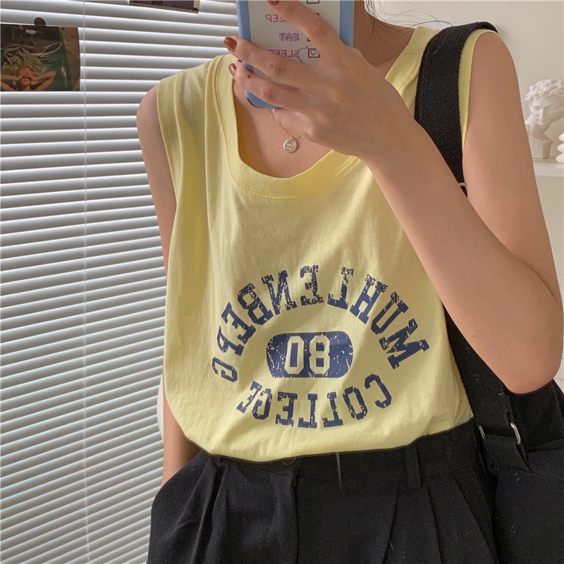 Áo thun SUXI không tay dáng rộng vải cotton in chữ thời trang mùa hè cho nữ