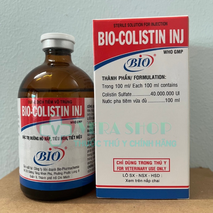 BIO COLISTIN INJ 100ML - Hô hấp, tiêu hóa, tiết niệu,  sưng mắt, phù thủng cho trâu, bò, dê
