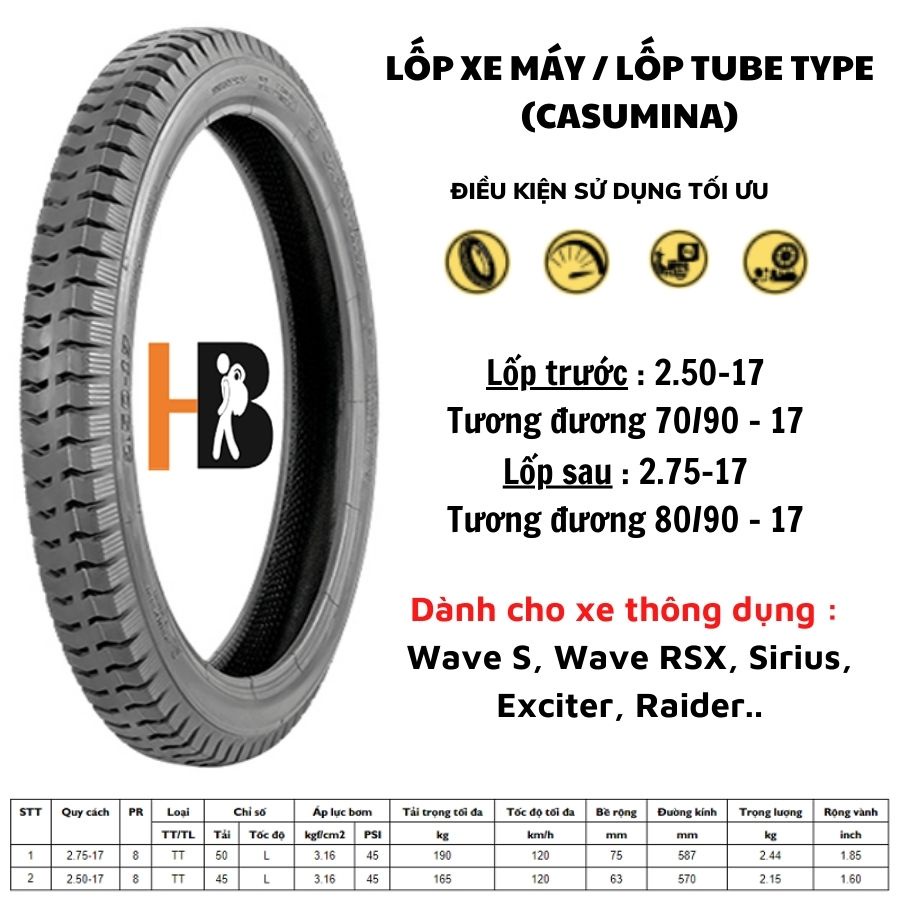 Vỏ Lốp Sau Cho Xe Máy CASUMINA CA102A | 2.75 - 17 Lớp Bố Gai Tải, Chuyên Dùng Chở Nặng, Địa Hình Xấu, Chịu Tải Trọng Lớn