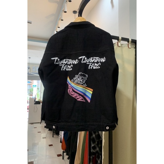 ÁO KHOÁC JEANS BÒ DENIM JACKET FASHION UNISEX IN LƯNG MÀU ĐEN ẢNH THẬT