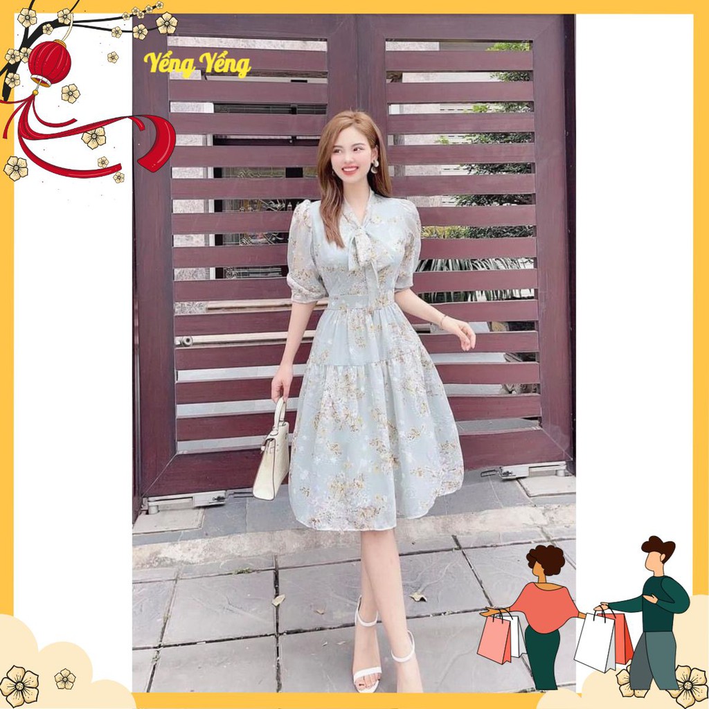 VNU272 - VÁY XANH HOA NÂU NỔI CỔ NƠ | BigBuy360 - bigbuy360.vn