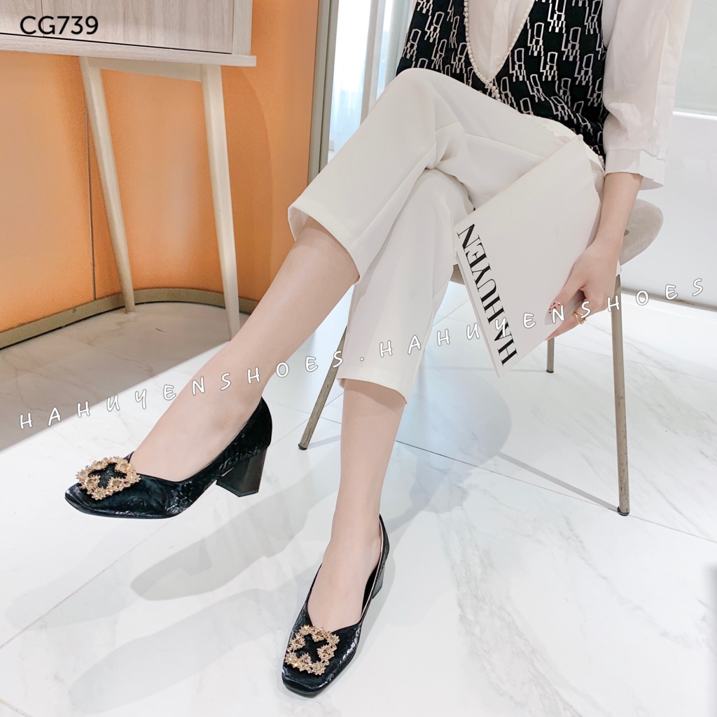 Giày cao gót mũi tròn Hà Huyền Shoes gót vuông 4 phân nhung sần đính đá sang trọng - CG739