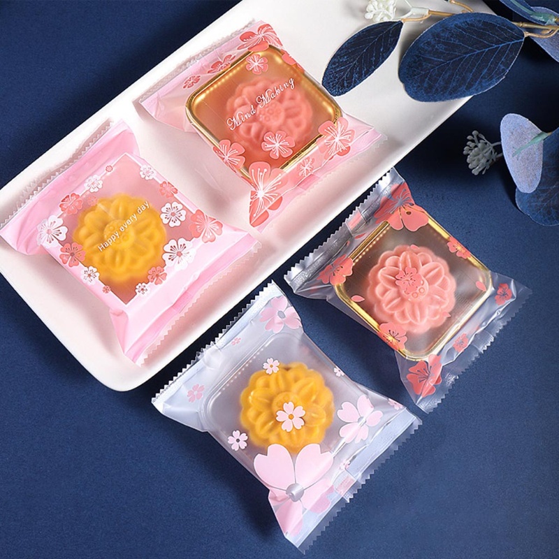 Set 100 túi nhựa đựng bánh trung thu/ bánh quy in hoa anh đào