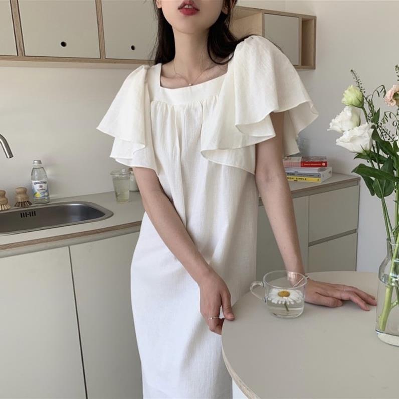 Vip Đầm Maxi trơn Cổ vuông Lộ xương quai xanh Tay phồng Cánh dơi Dáng suông Hàn Quốc Váy Dài Maxi Kiểu Pháp