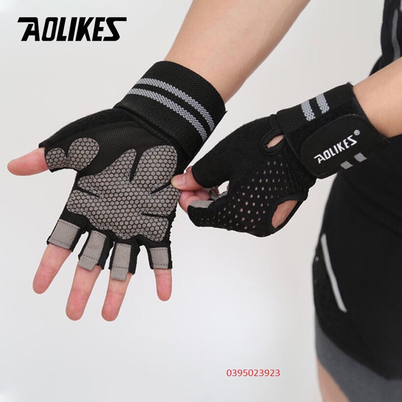 Găng tay Nam , Nữ Tập Gym Có Cuốn Cổ Tay Chính Hãng Aolikes Hở Bàn aolikes 113