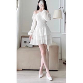 Váy tiểu thư voan hạt cổ yếm trễ vai dáng xòe ngắn 2 tầng phối tay bồng sang chảnh