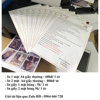 In màu theo yêu cầu trên các loại giấy (1200đ/ 1 tờ A4 thường, 5k/1 tờ A4 giấy bóng)