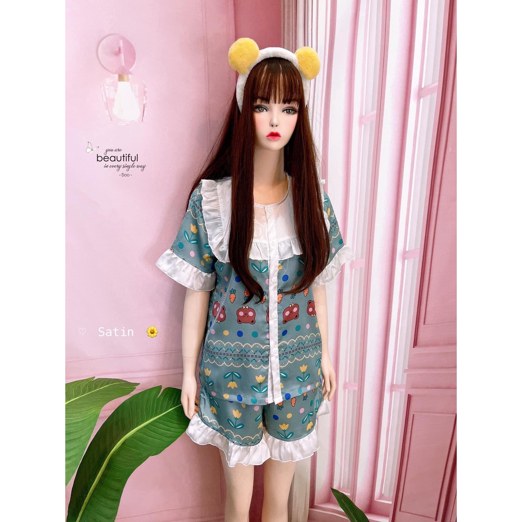 Bộ ngủ lụa nữ pijama  đồ bộ mặc nhà cute chất satin cao cấp mềm mịn mát, đùi bèo tiểu thư siêu xinh -DB008 LANA QUEEN