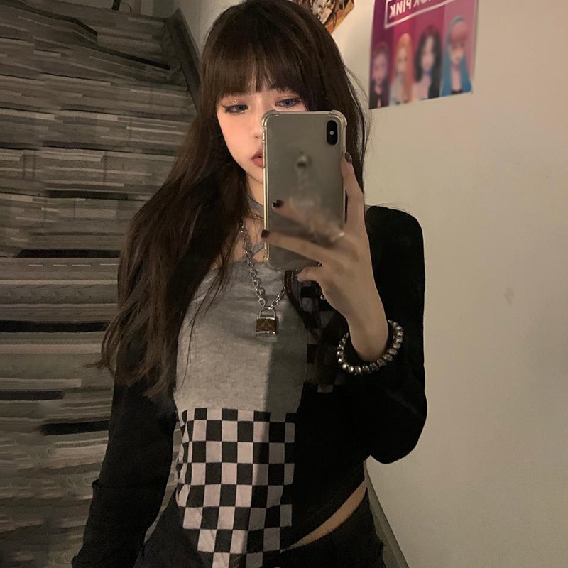 Áo croptop dệt kim không tay dáng ôm in họa tiết caro thời trang cho nữ