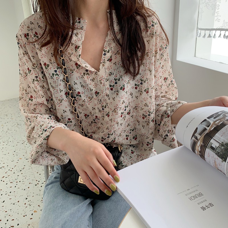 Xiaozhainv Áo voan hoa cổ tim dài tay phong cách Hàn Quốc dành cho nữ | BigBuy360 - bigbuy360.vn