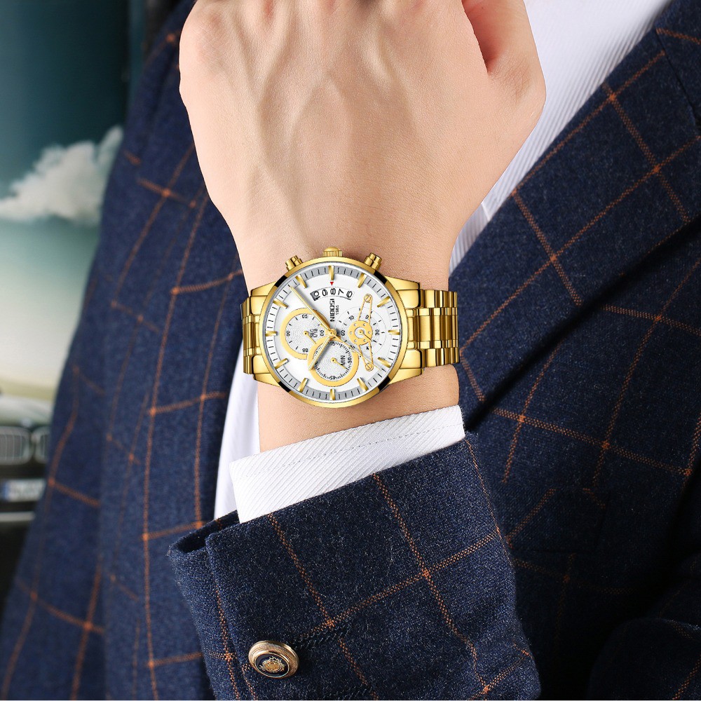 Đồng Hồ Nam NIBOSI Dây Thép Đúc Đặc 6 Kim Đẳng Cấp NB23091 tặng Pin