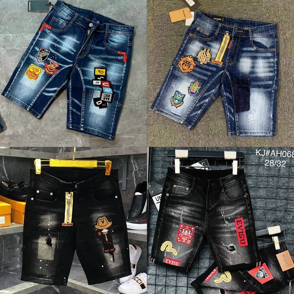quần bò jean nam ngắn đen rách nhẹ khóa kéo lệch thêu logo evisu nhiều mẫu đẹp,chất bò co giãn giá rẻ KAYSTORE
