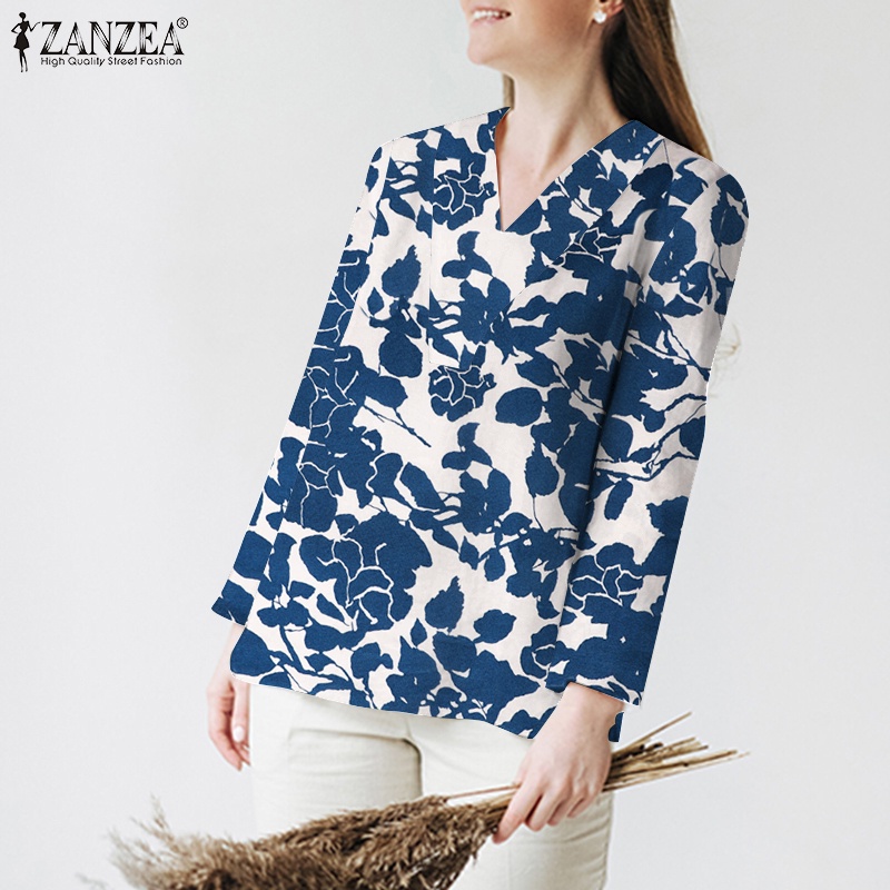 Áo kiểu ZANZEA tay dài cổ chữ V in hoa phong cách vintage thời trang cho nữ