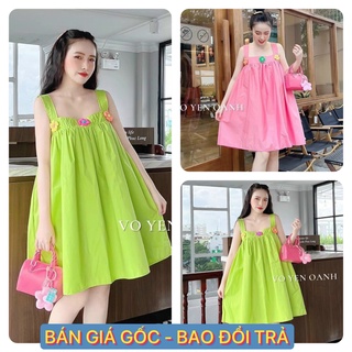 Đầm babydoll tiểu thư hoa cài hai dây xoè đi chơi dạo phố