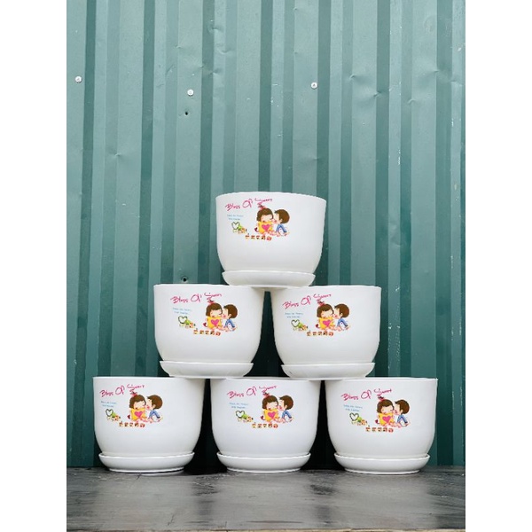 Chậu tròn nhựa in hình kèm đĩa siêu dễ thương