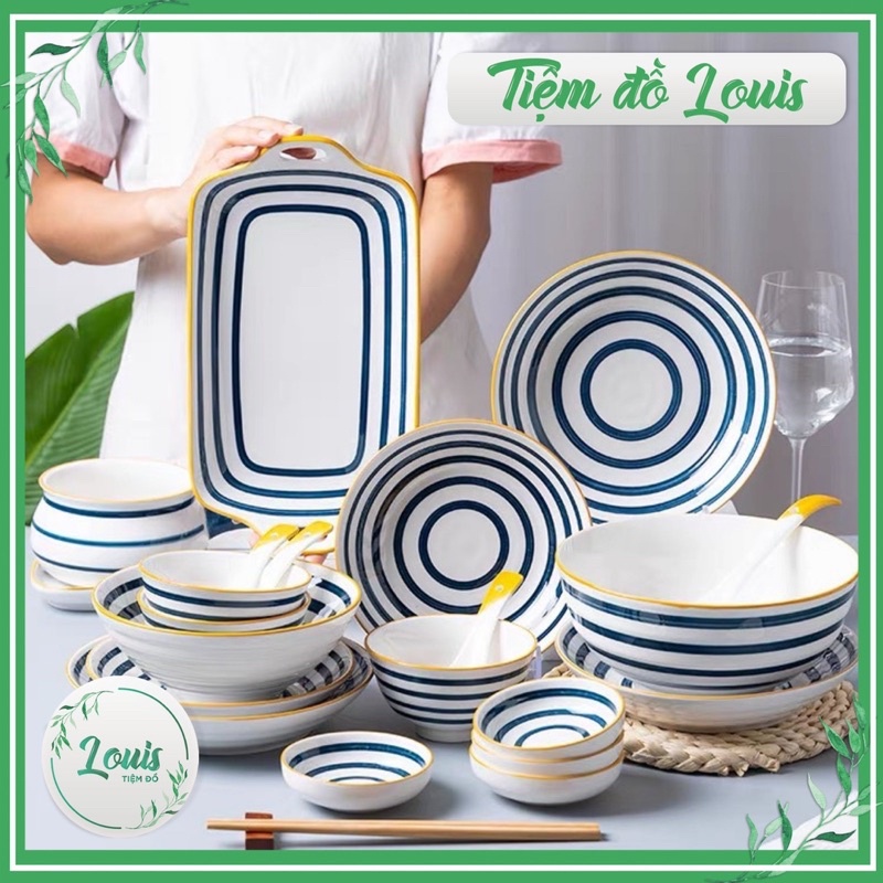 Bộ Bát Dĩa Chén Sứ ăn cơm hoạ tiết kẻ xanh vintage decor phong cách Bắc Âu