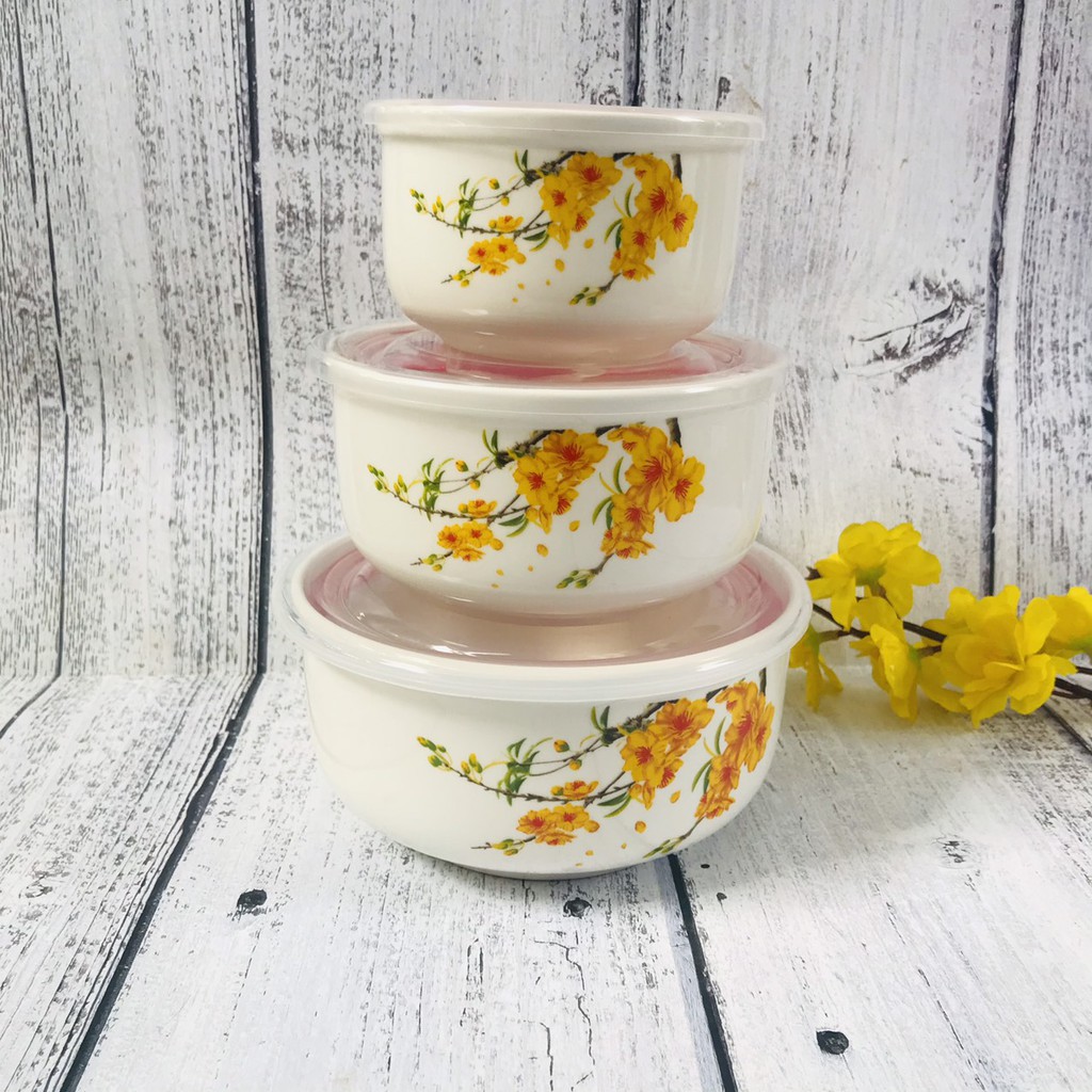 Bộ 3 Thố Sứ Tô Sứ Có Nắp Hút Chân Không - Ngẫu Nhiên - Đựng Thực Phẩm - 3 Size Lớn Nhỏ