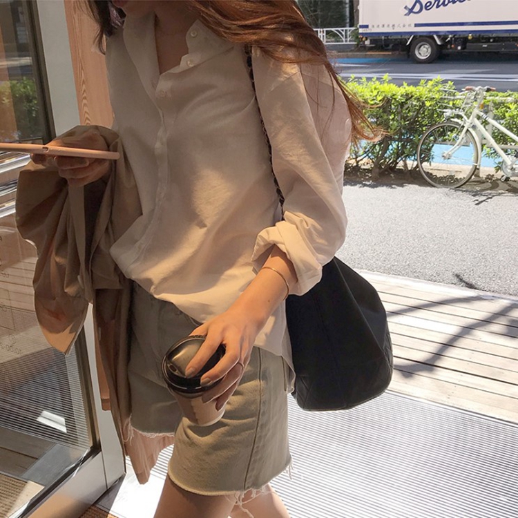 Áo Sơ Mi Nữ Tay Dài Dáng Rộng Màu Trơn Phong Cách Hàn Quốc