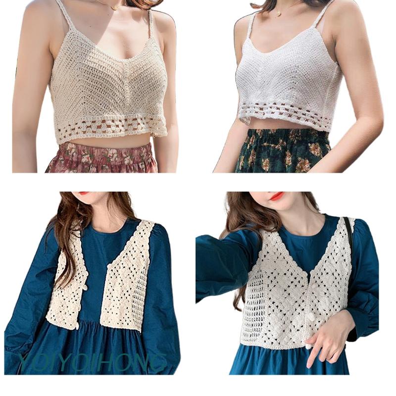Áo Croptop Dệt Kim Không Tay Cổ Chữ V Phối Nút Phong Cách Boho Thời Trang Cho Nữ