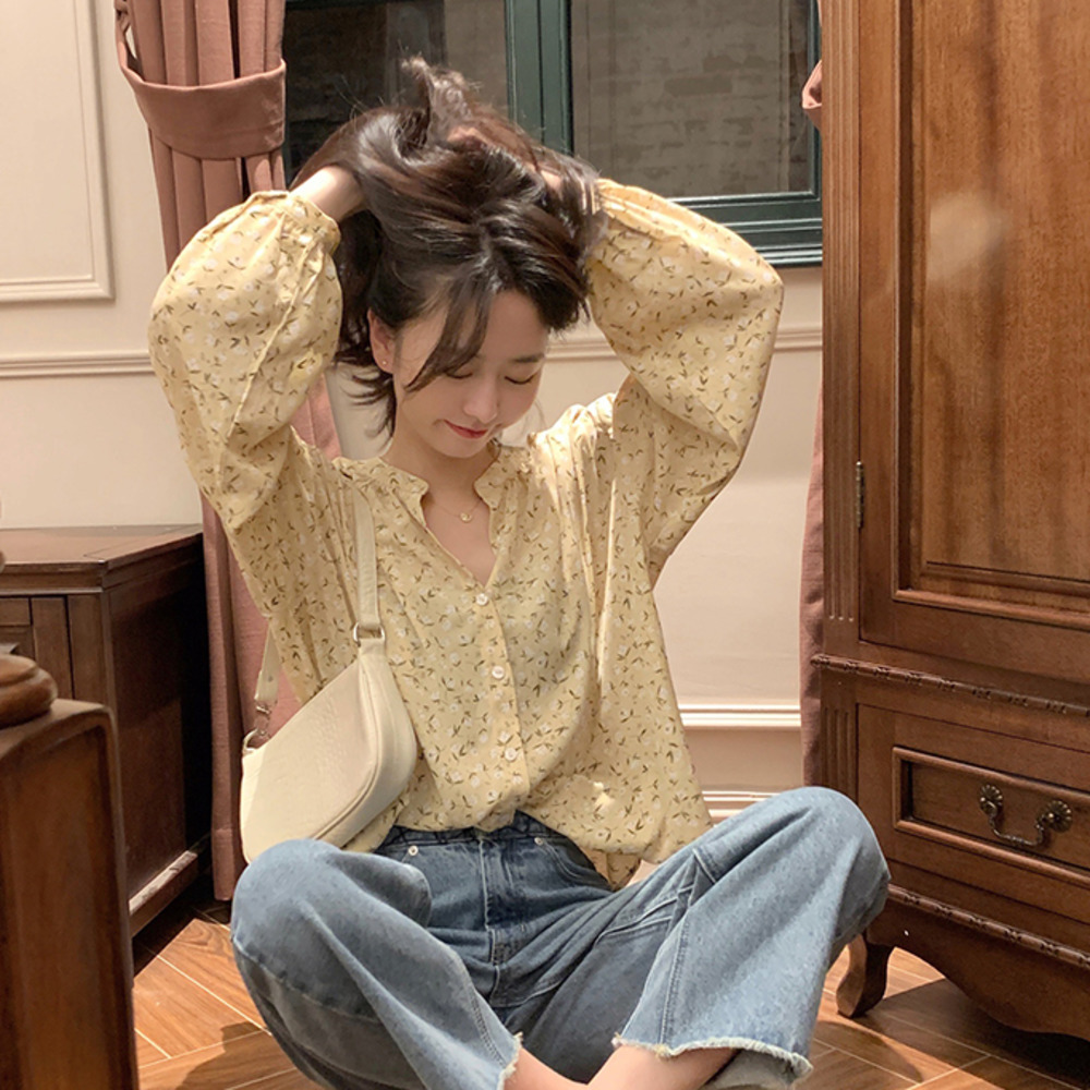 Áo Sơ Mi Dài Tay In Hoa Xinh Xắn Theo Phong Cách Hàn Quốc