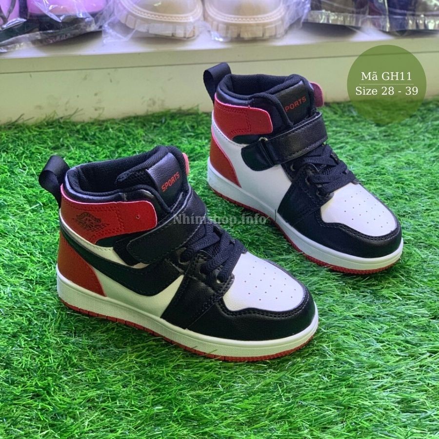 Giày cổ cao jordan dáng thể thao sneaker cho bé trai màu đỏ đen da mềm êm bám tốt đi học chạy bộ trẻ em 4 - 12 tuổi GH11