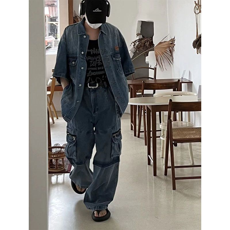 Quần Yếm Denim Dáng Rộng Nhiều Túi Có Khóa Kéo Phong Cách Công Nghiệp