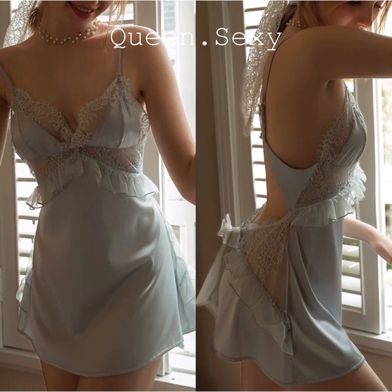 Váy ngủ lụa sexy gợi cảm phối ren bèo tiểu thư quyến rũ  - Queen.Sexy