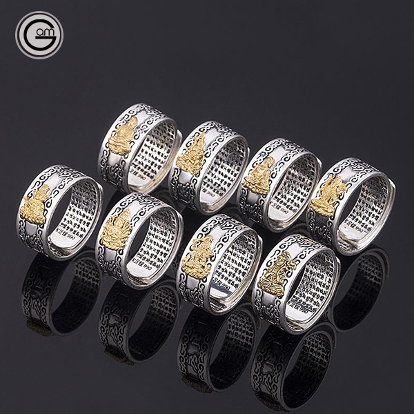 Nhẫn Bạc 8 Vị Phật Độ Mạng Mạ Vàng cho 12 con Giáp khắc Bát Nhã Tâm Kinh và Lục Đại Thần Chú từ Tây Tạng