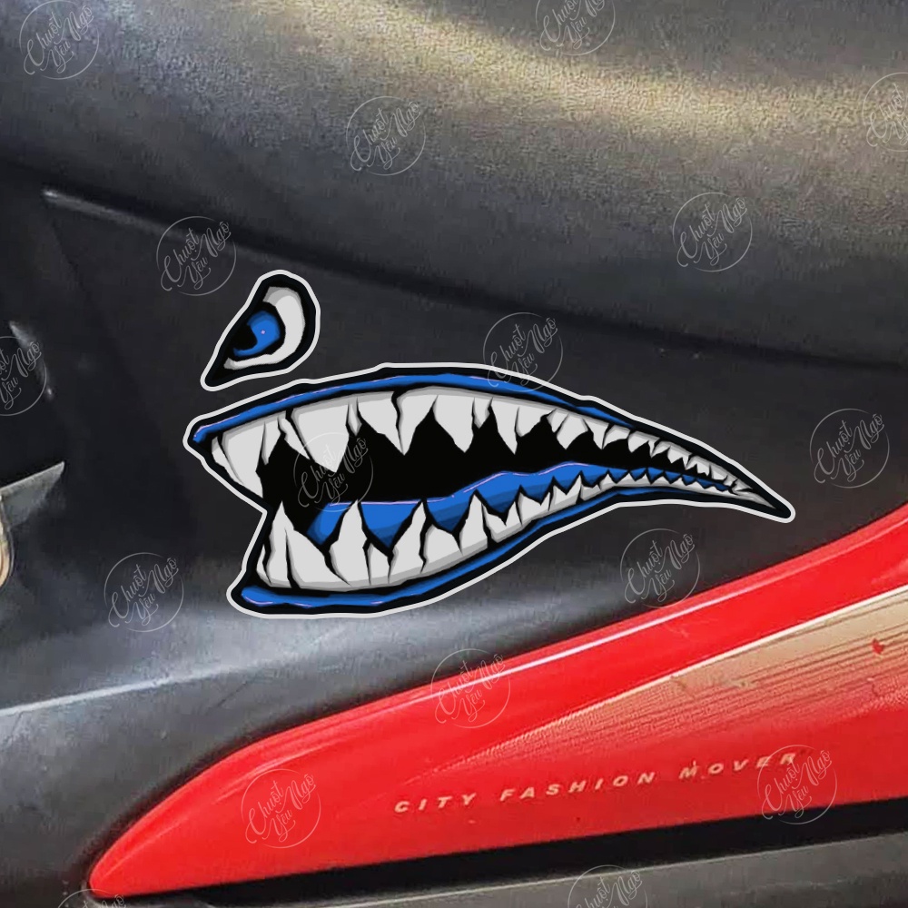 Bộ tem cá mập màu xanh dương hình dán decal nhám chống nước trang trí xe máy laptop nón bảo hiểm