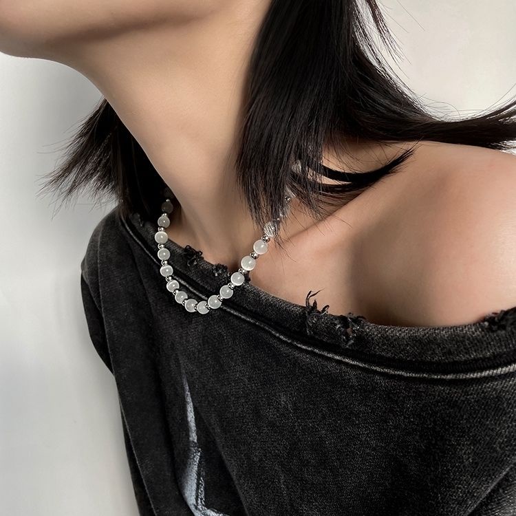 Vòng cổ Đá Mắt Mèo Trắng Tự Nhiên Thời Trang Âu Mỹ Cho Nam Và Nữ