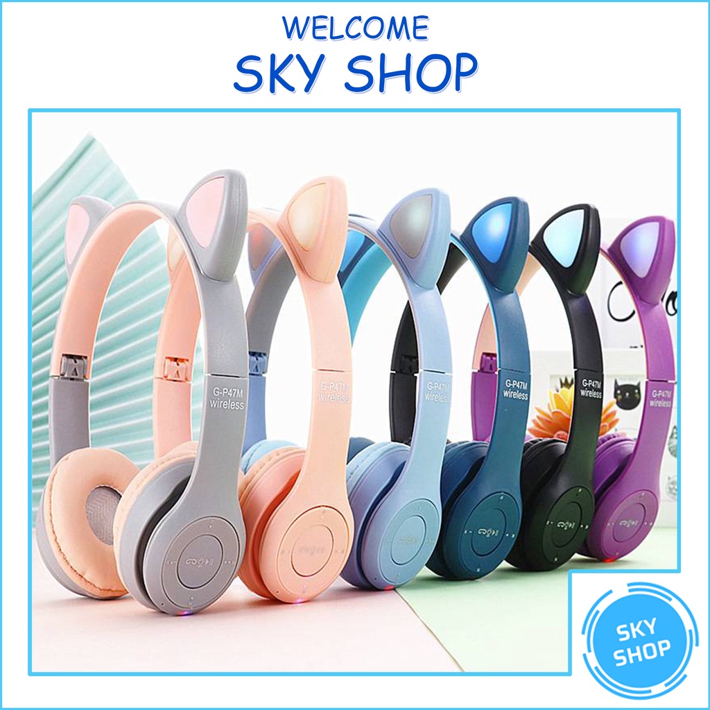 Tai Nghe Không Dây Kết Nối Headphone Bluetooth P47M Tai Mèo Chuyên Gaming Đàm Thoại Cực Chất Cực Cute