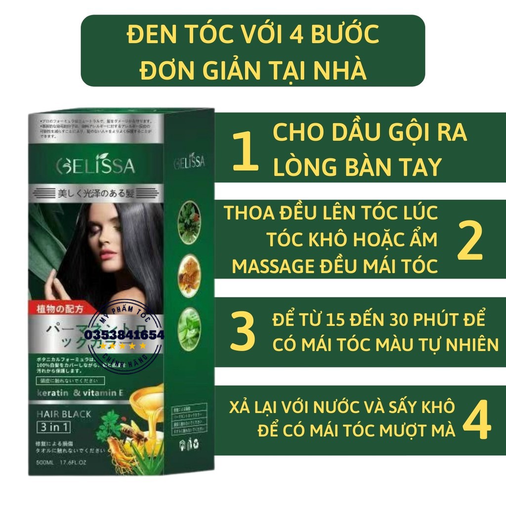 Dầu gội đen tóc Elissa thảo dược 3 trong 1 dầu gội phủ bạc gội là đen hoặc nâu nhật bản 500ml , Mỹ phẩm tóc yến nhi DG08