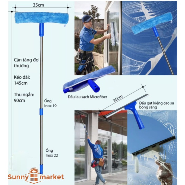 Bộ lau kính inox cao cấp 1,3m với 2 đầu: tay gạt kính, tay lau bông thỏ