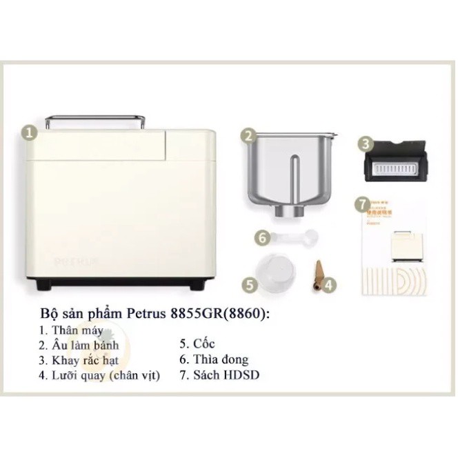 Máy làm bánh mì tự động, máy làm bánh, làm kem tại nhà Petrus 8855GR - Có rắc hạt tự động