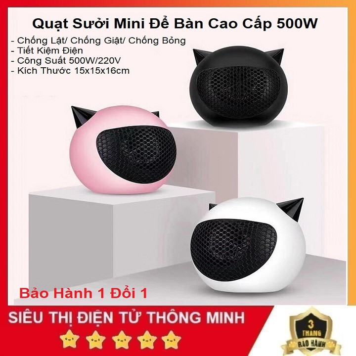 Quạt Sưởi Ấm Mùa Đông 500w, Quạt Sưởi 2 Chiều Tai Mèo Để Bàn Mini Kute - Đa Năng Tiện Dụng