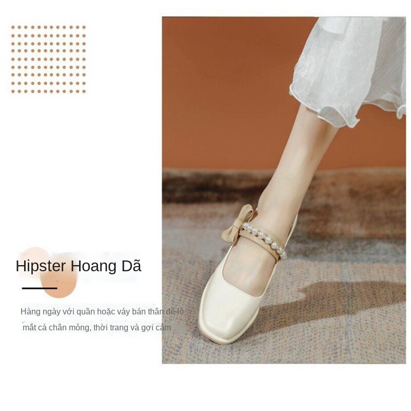 Giày cao gót mũi vuông đính nơ ngọc trai thiết kế cho nữ