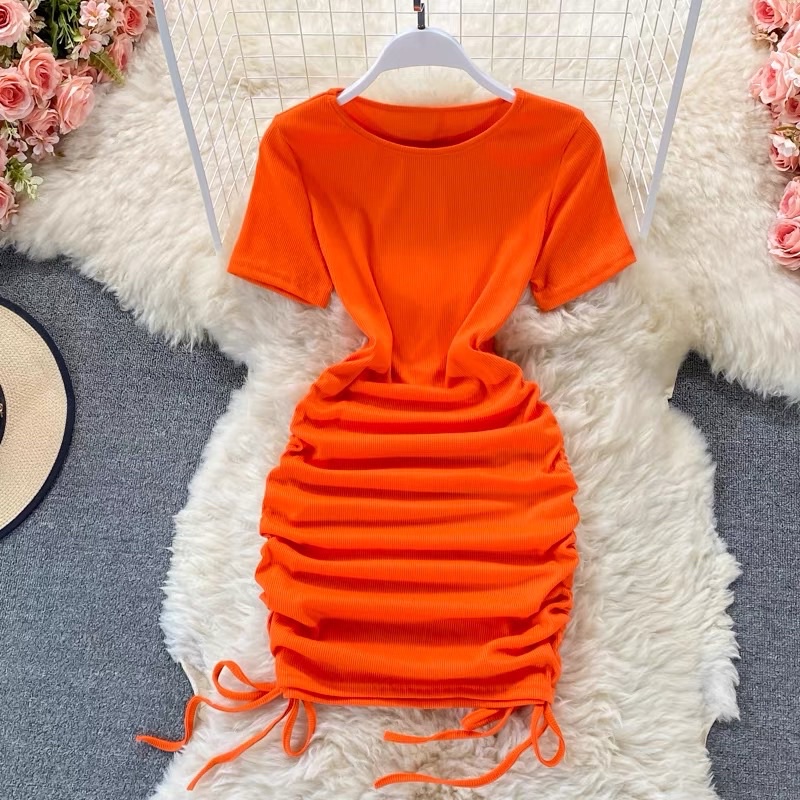Đầm màu dạ quang dây rút, đầm thun gân màu nổi body