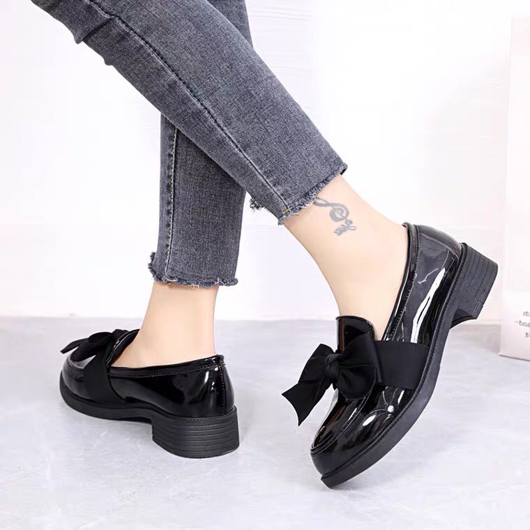Giày Búp Bê Giày Đốc Nữ Trơn Màu Đen Thắt Nơ Phong Cách Hàn Quốc
