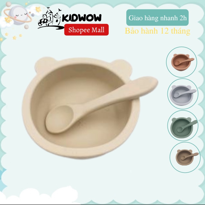 Bát Silicon Kèm Thìa Hình Gấu KIDWOW Có Đế Chống Lật Màu Pastel Dễ Thương Cho Bé Ăn Dặm