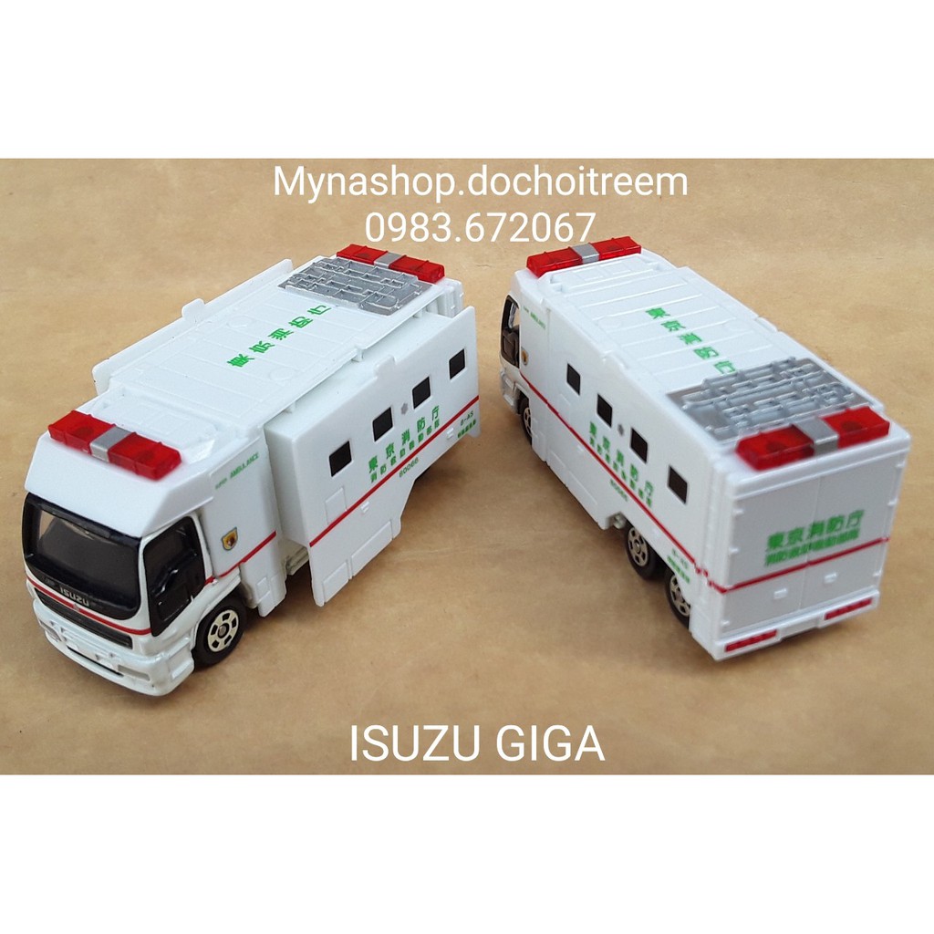 Đồ chơi mô hình tĩnh xe tomica không hộp, Super Ambulance, Isuzu Giga, xe cấp cứu