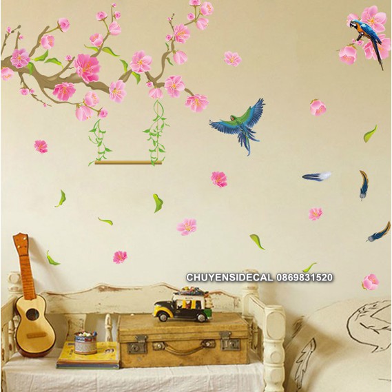 Decal dán tường - Cành Cây Hồng Phấn cùng Chim