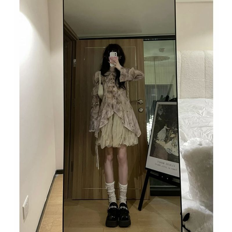 Bán Chạy!F &amp; X Set Áo Sơ Mi Cột Dây Tay Phồng + Chân Váy Lưng Cao Màu Nhuộm Thời Trang Mùa Hè Cho Nữ