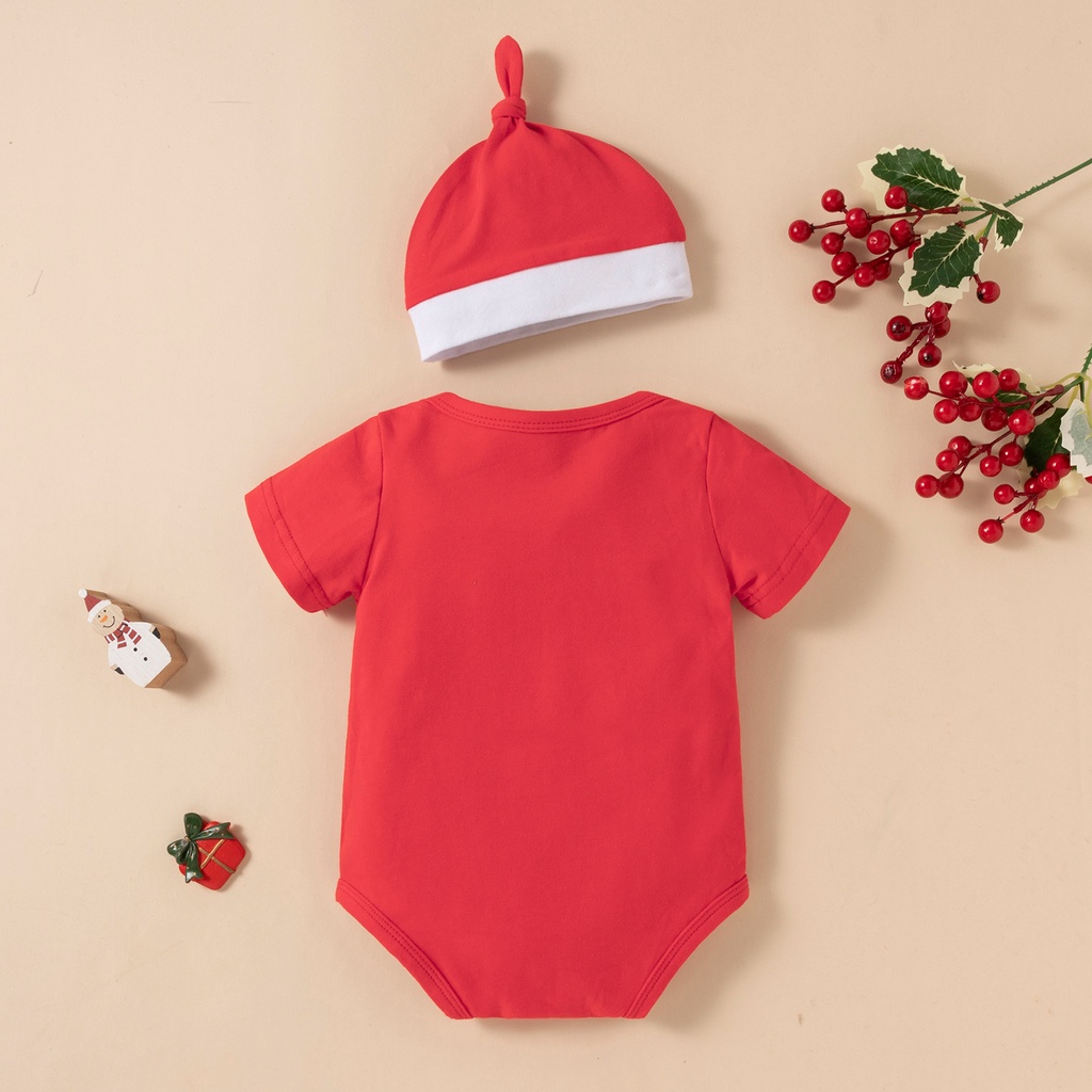 Áo Liền Quần Ngắn Tay + Mũ Cotton Họa Tiết Giáng Sinh Đáng Yêu Cho Bé
