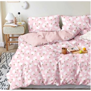 Bộ 5 Món Hoa Trắng Nền Hồng Cotton Poly Nhập Khẩu