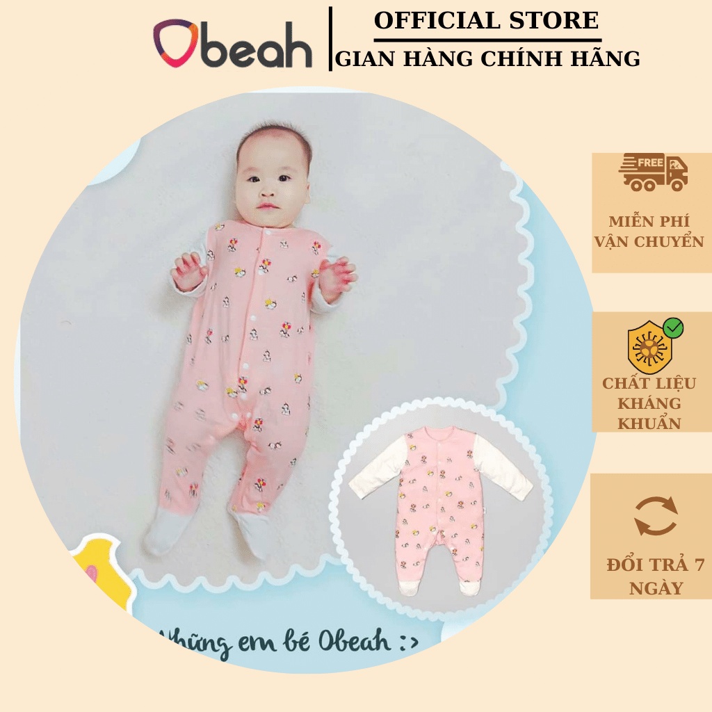 Bodysuit cho bé sơ sinh, body liền tất chất liệu petit mềm mịn OBEAH màu hồng phấn in hình size 59 đến 80  Mã OB082109