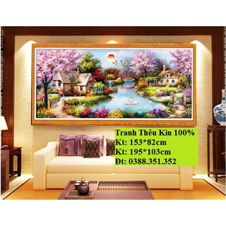 tranh thêu chữ thập phong cảnh mùa xuân ấm áp kt 195x102cm