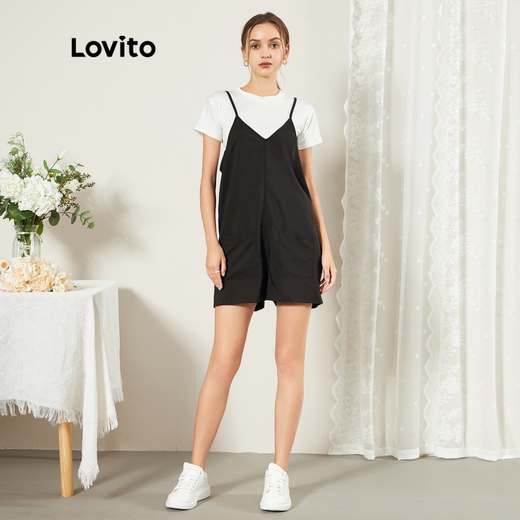 Áo liền quần Lovito mịn màng có túi họa tiết hoa thường ngày L25ED034 (màu đen)